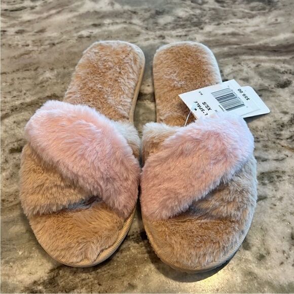 L*Space M/L Cloud Fur Slippers Beige and Pink Cozy - Picture 3 of 5